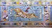 The fresco named the Bull-Leaping Fresco; 1675-1460 BC; lime plaster; height: 0.8 m, width: 1 m; from the palace at Knossos (Crete); Heraklion Archaeological Museum