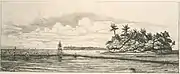 A drawing of a small island with fisherman on the bank