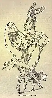 A short, elegantly dressed man dances with a much taller woman with a pig's head