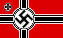 Red flag with black Nordic cross, black swastika in the center and black iron cross in the upper left corner