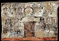 Mural on the inside wall of the rear corridor (β on the plan). The kings around the Brahmana Drona, and below, soldiers on elephants and horses. War of the relics.