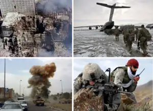 Clockwise from top left: Aftermath of the 11 September attacks; U.S. servicemen boarding an aircraft at Bagram Airfield, Afghanistan; an American soldier and Afghan interpreter in Zabul Province, Afghanistan; explosion of a car bomb in Baghdad