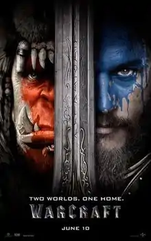 Two faces divided by a large sword, on the left a fang toothed orc with red facepaint, on the right a bearded man with blue facepaint.