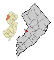 Location of Belvidere in Warren County highlighted in red (right). Inset map: Location of Warrem County in New Jersey highlighted in orange (left).