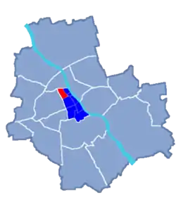 Location of Muranów neighbourhood (red) in the District of Śródmieście, Warsaw (navy blue)