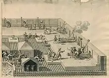 Wash drawing of a floating battery. On the battery are a number of cannon and mortars as well as multiple artillery men.