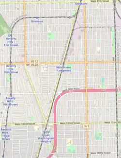 An OpenStreetMap screenshot capturing the streets of Chicago from roughly 87th Street in the north to 107th Street in the south, and bounded by two railroad tracks on the west and east. The screenshot is centered on Washington Heights, with the eastern part of Beverly also depicted.