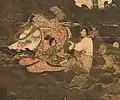 Details of the Water-Moon Avalokiteshvara painting shows a group of nobles (possibly the donors) dress in court clothing, Goryeo.