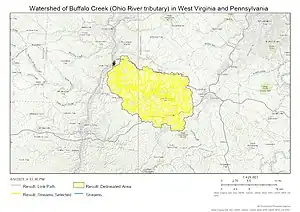 Watershed of Buffalo Creek (Ohio River tributary) in West Virginia and Pennsylvania