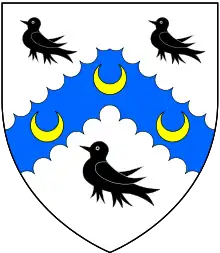 Arms of Watson, of Rockingham Castle: Argent, on a chevron engrailed azure between three martlets sable as many crescents or