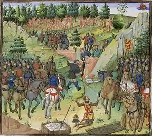 Alexander building a wall to enclose the people of "Gog and Magog", from Wauquelin's story of Alexander.