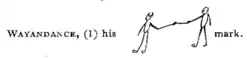 The image is a signature written beside the name Wayandance, the signature itself portrays two stick-figure people shaking hands, as in agreement. At the time the existed no written language for the Indians, which explains the alternative nature of the signature