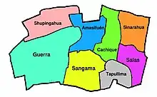 The area of Wayku is roughly rectangular, twice as wide as it is long, starting in the bottom left and working clockwise, the names of the lineages are Guerra, Shupingahua, Amasifuen, Cachique, Sinarahua, Salas, Tapullima, Sangama