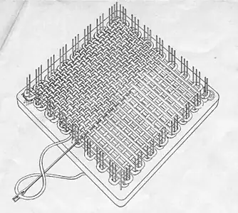 Partway through stage four of a tabby weave, on a commercial loom.