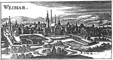 View of Weimar, 1686: Wilhelmsburg in centre, St Peter and Paul behind, Rote Schloss over footbridge on left