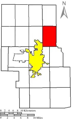 Location of Weller Township (red) in Richland County, next to the city of Mansfield (yellow).