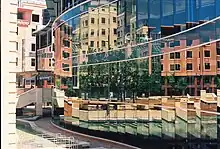 Photo of large curved glass wall of public library