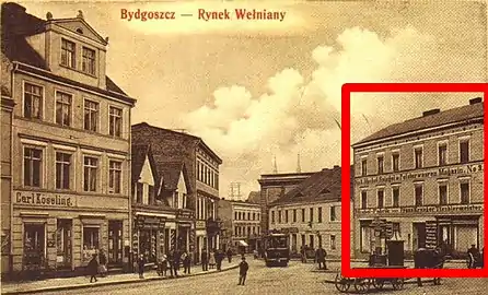 The building highlighted on a 1910 postcard