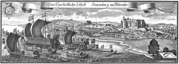 Starnberg Castle and the fleet of magnificent ships, led by the Bucentaurus, a copy of the ship of the Doges of Venice (around 1700).