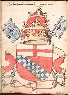 Papal coat of arms for Pope Innocent VIII with the Keys of Peter saltirewise (Wernigerode Armorial, c. 1490)