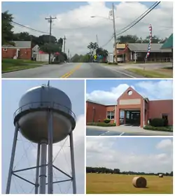 Top, left to right: Main Street, Water tower, Pelzer Elementary School, field with bales of hay