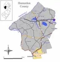 Location of West Amwell Township in Hunterdon County highlighted in yellow (right). Inset map: Location of Hunterdon County in New Jersey highlighted in black (left).