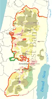 Image 59The Israeli West Bank barrier route built (red), under construction (pink) and proposed (white),  (from History of Israel)