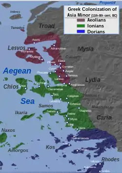 Greek settlements in western Asia Minor, Doric area in blue