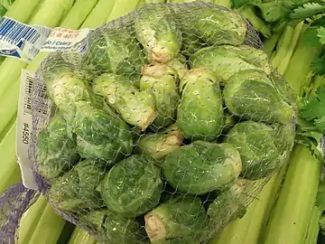 Brussels sprouts removed from the stalk and placed in a net type bag