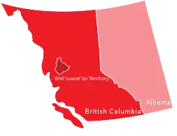 Map of British Columbia and Alberta with traditional Wetʼsuwetʼen territory in north central British Columbia highlighted and labelled "Wetʼsuwetʼen Territory".