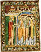 Mary Magdalen announcing the Resurrection, from the St. Albans Psalter; 1120–1145.
