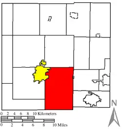 Location of Whetstone Township (red) in Crawford County, next to the city of Bucyrus (yellow)
