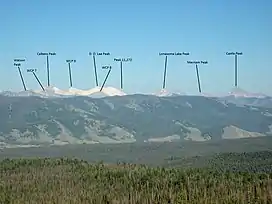 A photo of the peaks of the White Cloud Mountains with White Cloud Peak 7 labeled