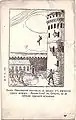 Bulgarian postcard from the late 19th century. The caption reads: A Macedonian merchant jumps from the scary Turkish prison "Blood Tower" in Salonica, to escape Turkish tortures.