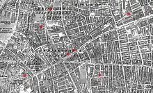 The Whitechapel murders – Mitre Square is the red dot to the bottom left corner.