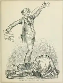 A drawing of Macdonald with one foot on the neck of a woman, who is laying down with her head to the ground