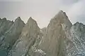 Harding's 1961 route up the Keeler Needle of Mt. Whitney ascends near the visible skyline of the middle formation, just left of the main East Face of Mt. Whitney.