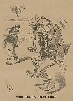 "Who Threw That Egg?", a 1917 cartoon making reference to the incident. The egg is labelled "No Majority", the thrower's hat "Australia".