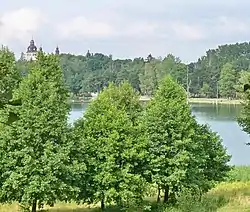 View of Wielewskie Lake with the Saint Nicholas Church in the background from the Wiele Calvary