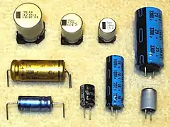 Axial, radial (single ended) and V-chip styles of aluminum electrolytic capacitors