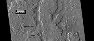 Close-up of lava flow with labels, as seen by HiRISE under HiWish program  Note: this is an enlargement of the previous image of lava flows.