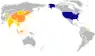Map showing the United States in blue, and the nations where Asian Americans originate from in shades of orange