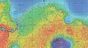 MOLA map showing boundaries of Isidis Planitia and other regions