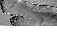 Layers and gullies in Asimov crater, as seen by CTX camera on Mars Reconnaissance Orbiter. Note: this is an enlargement of the previous image.