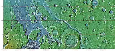 Tography map of Oxia Palus region of Mars showing the location of a number of chaos regions and valleys, including Shalbatana Vallis