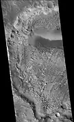 West side of Danielson Crater, as seen by CTX camera (on Mars Reconnaissance Orbiter).  Danielson has a great deal of regular layering.