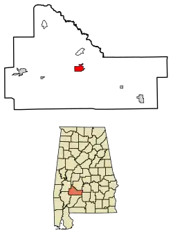 Location of Camden in Wilcox County, Alabama.