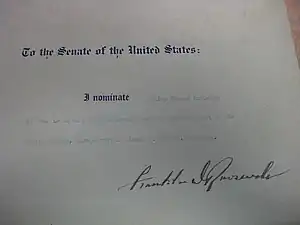 Paper on which is written "To the Senate of the United States: I nominate Wiley Blount Rutledge of Iowa to be an Associate Justice of the Supreme Court of the United States, vice Honorable James F. Byrnes, resigned. Franklin D. Roosevelt."