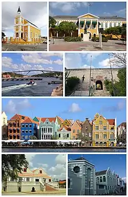 From top, left to right: Curaçao synagogue, Fort Amsterdam, Queen Juliana Bridge, Fort Nassau, View of Willemstad, Curaçao Museum, Basilica of St. Anne.