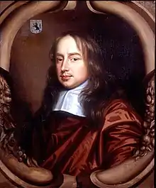 Half-length portrait in a cartouche of slightly rotund man, with slight moustache, in deep red velvet robe with white collar.